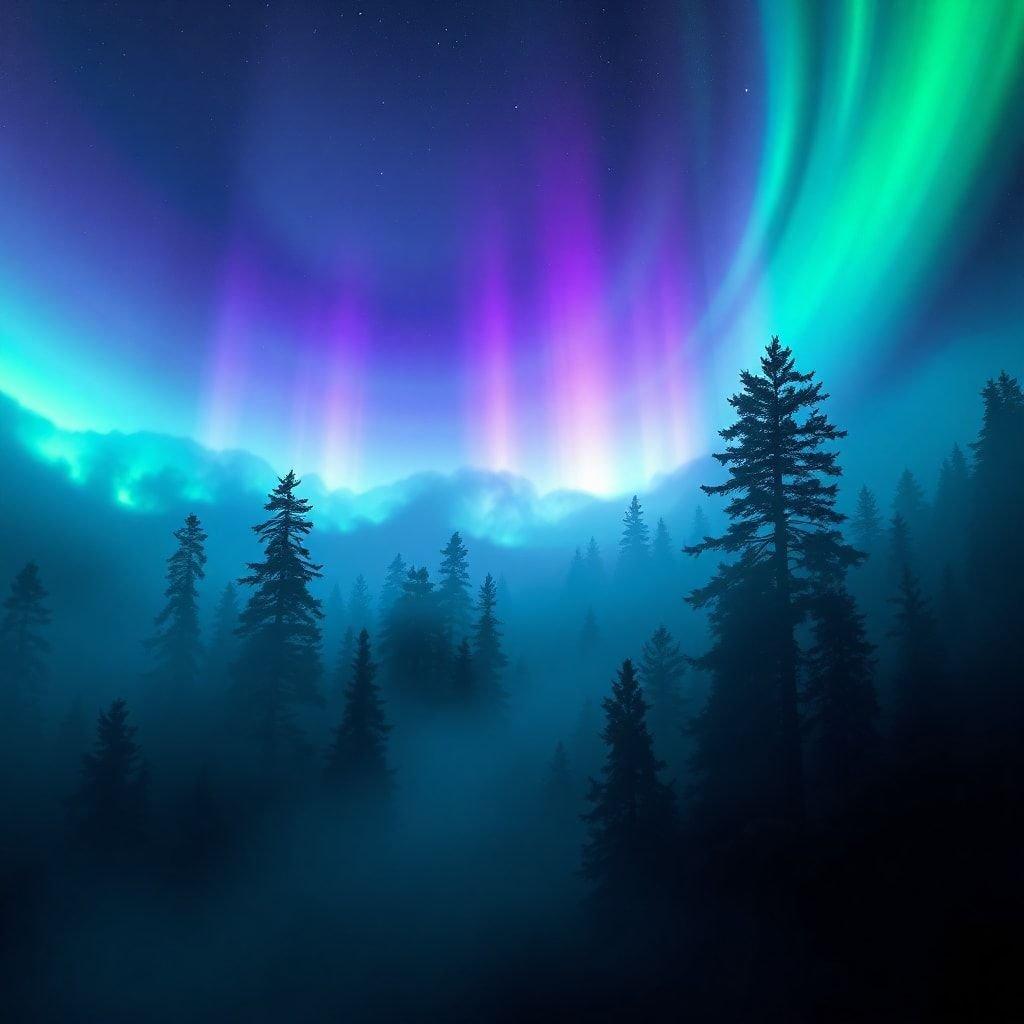 Vista mozzafiato dell'Aurora Boreale, un fenomeno naturale in cui il gas ionizzato brilla a causa della collisione con particelle cariche dei venti solari.