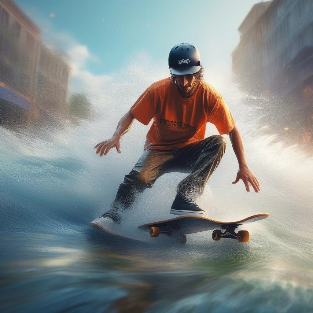 A dynamic action shot capturing the excitement of skateboarding on waves, a thrilling hybrid sport where surf and skate blend into one adrenaline-filled experience.