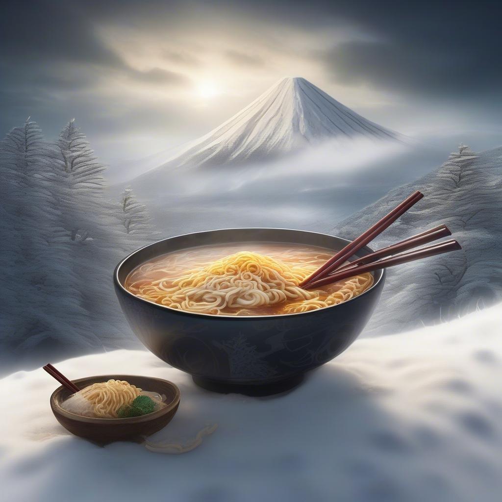 Enjoy a hearty bowl of udon noodles with toppings, served in the heart of winter. A warm and inviting dish that embodies coziness.