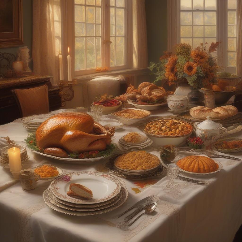 Gather 'round the table for a classic Thanksgiving feast, where the aroma of roasted turkey and savory sides fills the air, creating a warm and inviting atmosphere perfect for sharing stories and making memories with loved ones.