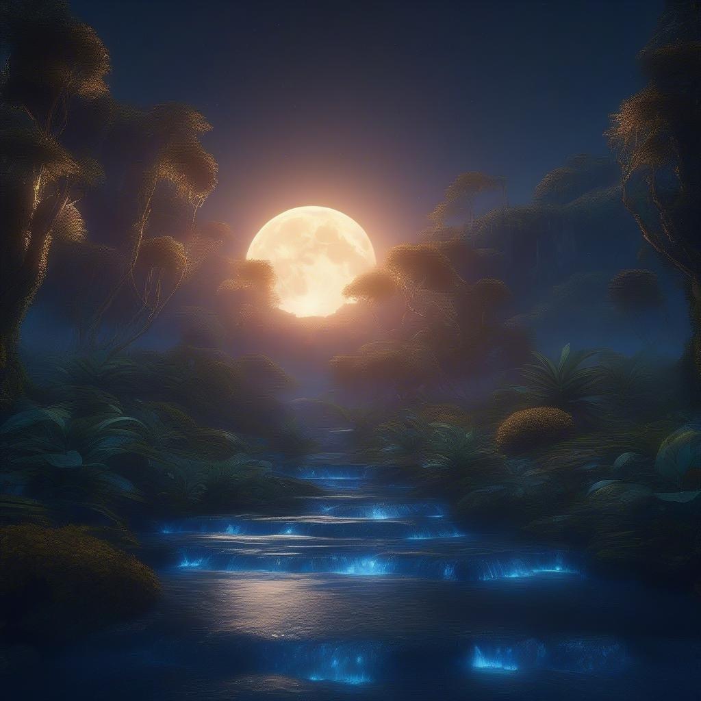 Explore a mystical nighttime forest, illuminated by the glowing moonlight on a foggy evening. A tranquil scene of nature's serenity with a flowing stream and towering plants.