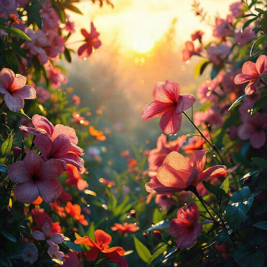 Un coucher de soleil captivant vu à travers le feuillage luxuriant, avec des fleurs vibrantes dans des teintes de rose et d'orange.