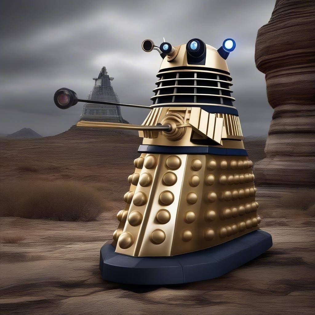 A stunning image of a Dalek from the popular TV show 'Doctor Who' set against a dramatic desert backdrop.