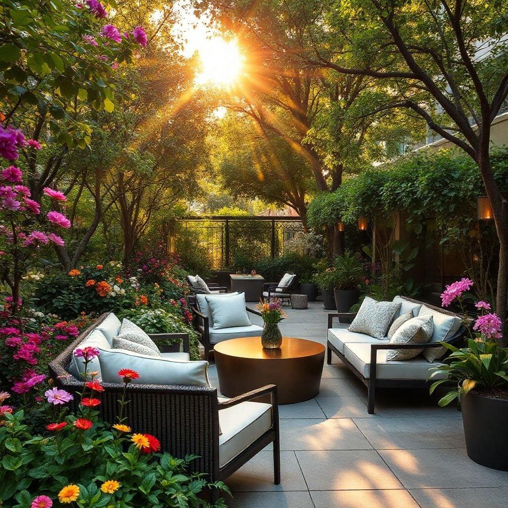 Bask in the beauty of nature while enjoying the comfort of your outdoor retreat. The warm sunlight filters through the lush trees, casting dappled shadows over the cozy seating area. This serene setting invites relaxation and rejuvenation amidst a backdrop of vibrant colors from the carefully curated garden.