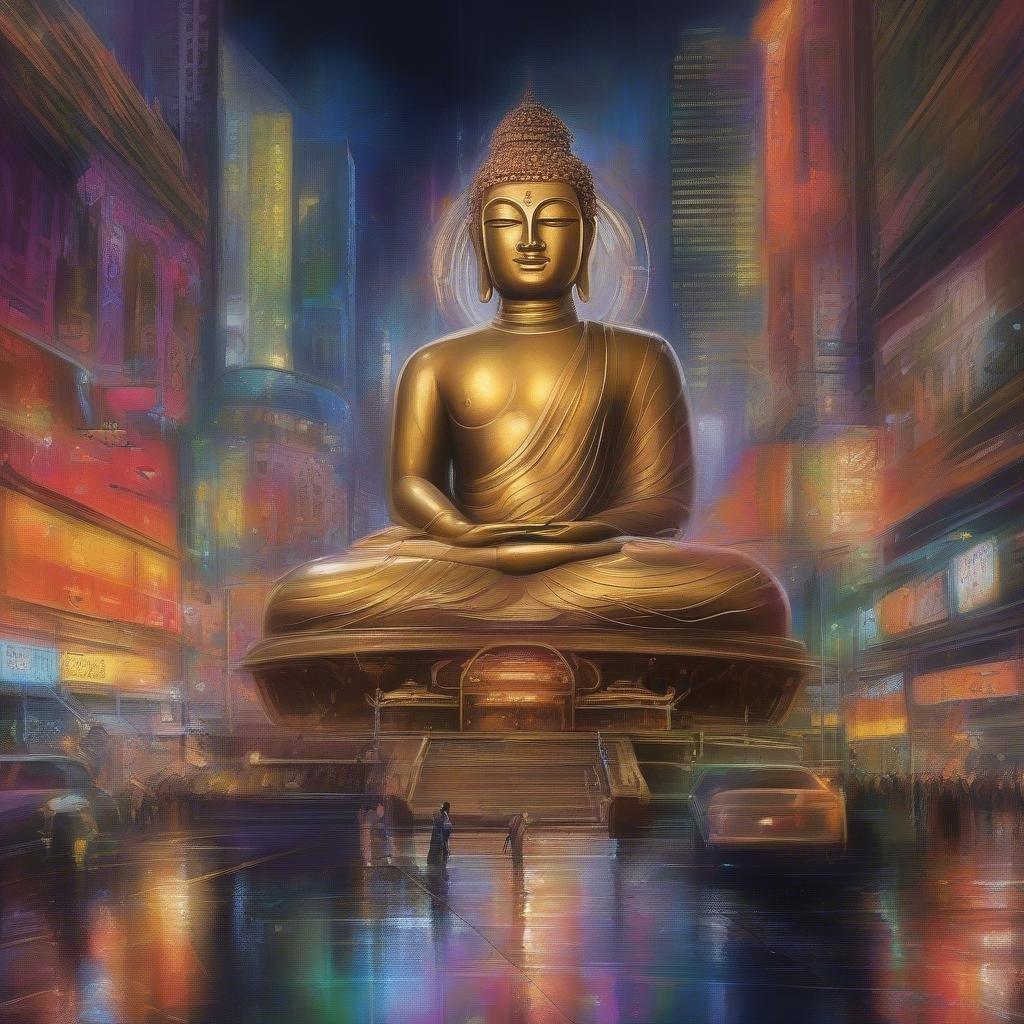 This serene wallpaper features a majestic Buddha statue set against the backdrop of a bustling city, creating a unique blend of tranquility and urban energy. The image is perfect for those seeking a moment of peace amidst the hustle and bustle of daily life.