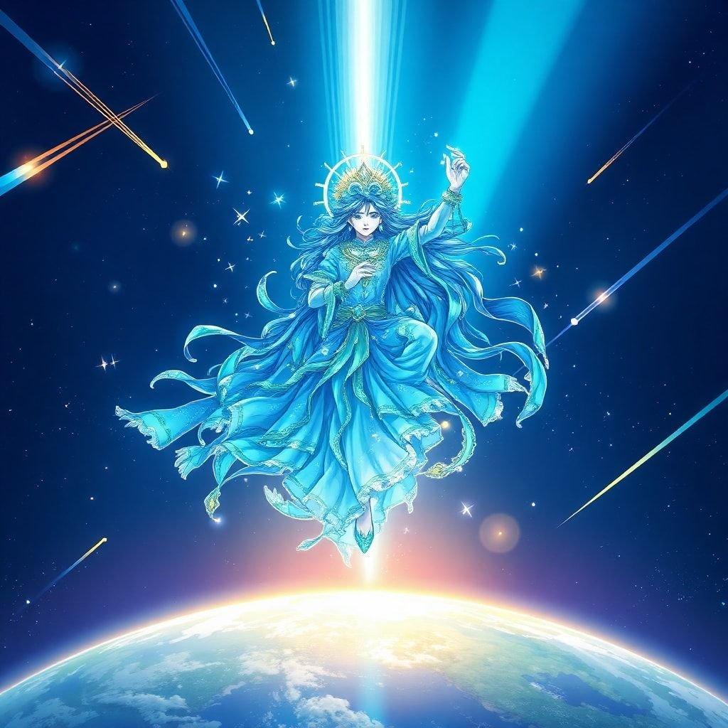 This wallpaper features a stunning anime illustration of a celestial being descending to earth, surrounded by a beam of light, stars, and comets, set against a deep blue background.