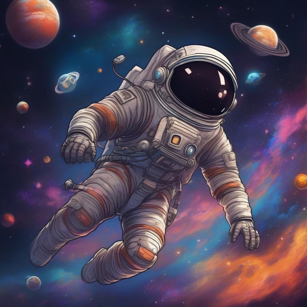 Join the interstellar adventure with this vibrant cosmic cartoon. The astronaut soars through galaxies, planets, and stars, bringing wonder to your screen.