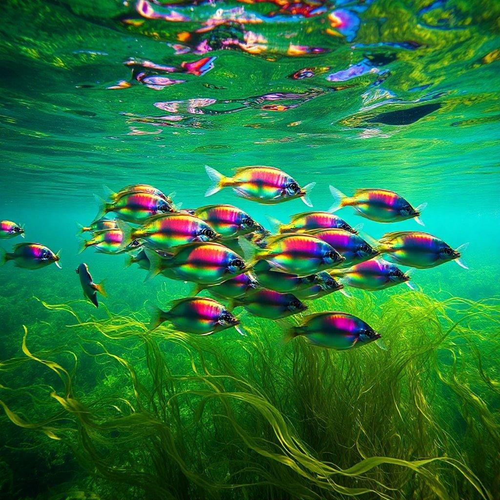 This image captures the beauty of an underwater scene, with a school of fish swimming in the ocean. The fish are a vibrant green color with pink and blue stripes, and they are surrounded by seaweed and other marine life.