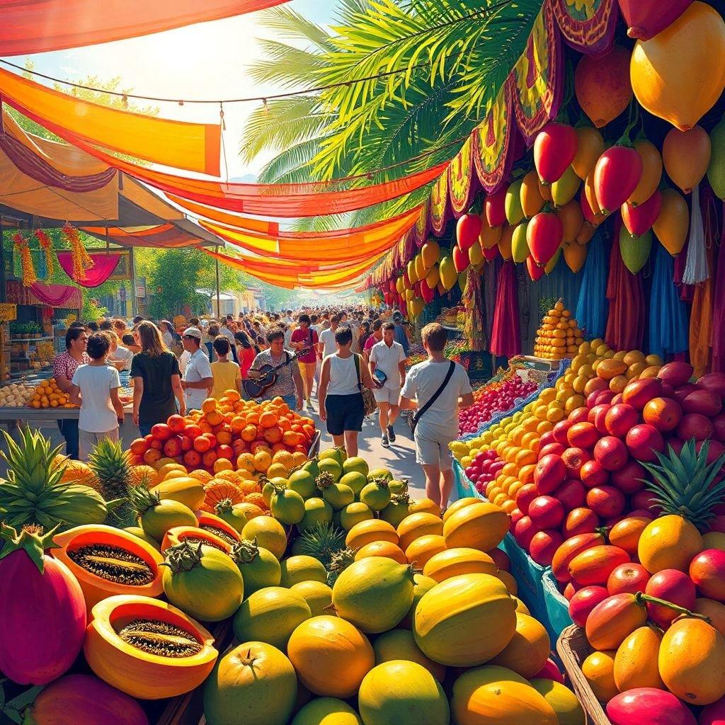 An inviting scene from a bustling tropical fruit market with lush palm trees, colorful decorations, and an array of fresh fruits.