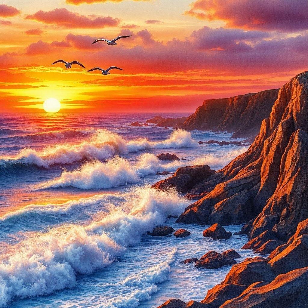 A beautiful sunset over the ocean, with waves crashing against the shore and seagulls flying overhead.