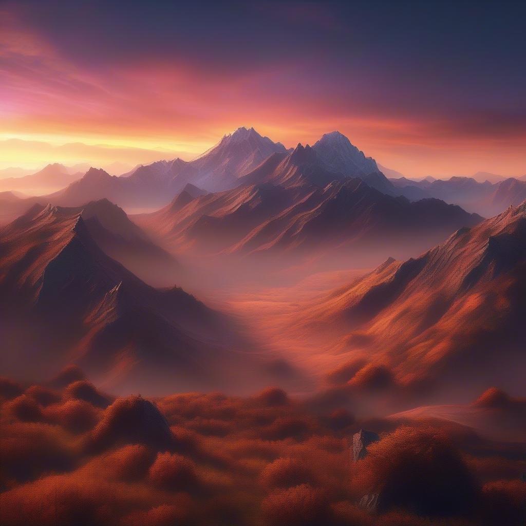 A breathtaking sunset over a mountain range, casting a warm orange glow over the rugged peaks.