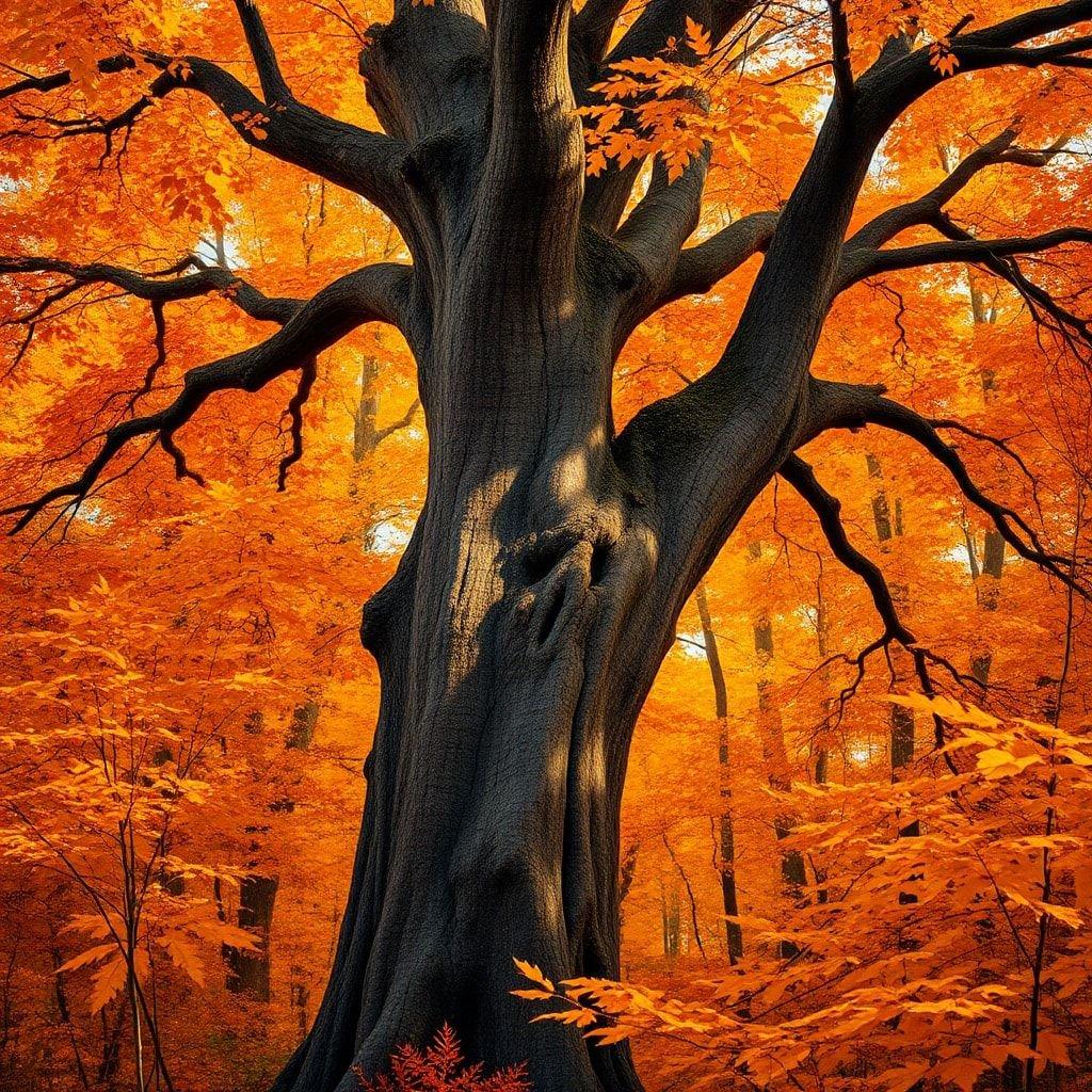 An idyllic scene of a majestic tree embraced by the warmth of fall, its branches adorned with vibrant autumn foliage.