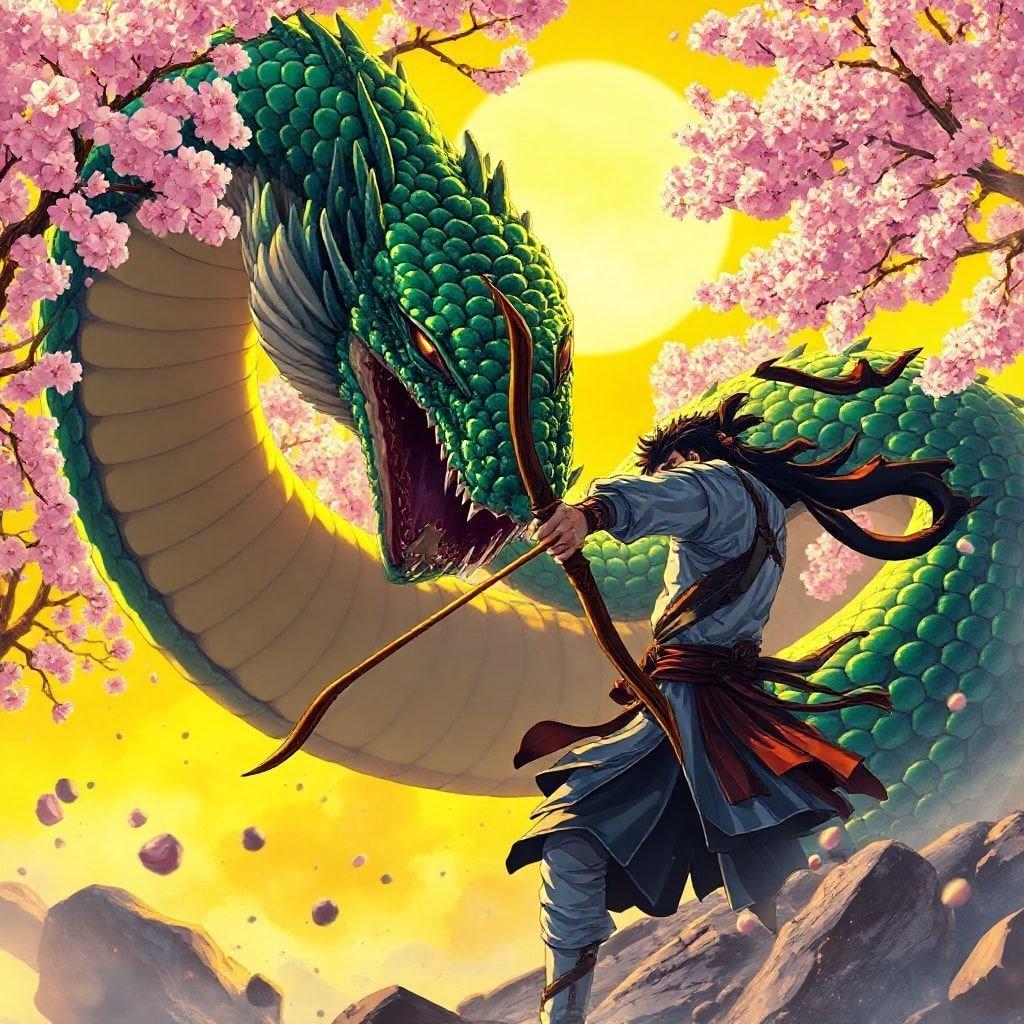 A dramatic anime scene of an archer battling a giant serpent amidst cherry blossom trees.