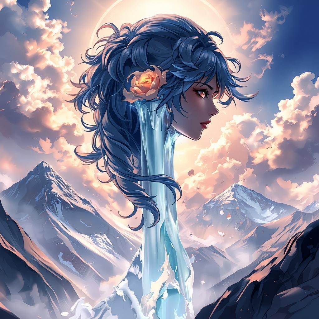 A serene and majestic anime illustration of a woman descending from the heavens, set against a breathtaking mountain landscape. The image captures a peaceful moment in time, with the woman's hair flowing like a waterfall and the vast sky above adding depth and scale.