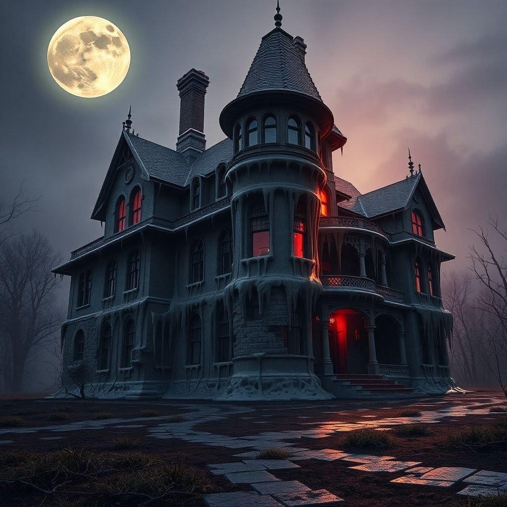 This spooky mansion is the perfect wallpaper for Halloween. The dark and mysterious atmosphere, combined with the eerie lighting, creates a thrilling and suspenseful scene that's sure to get you in the mood for the holiday.