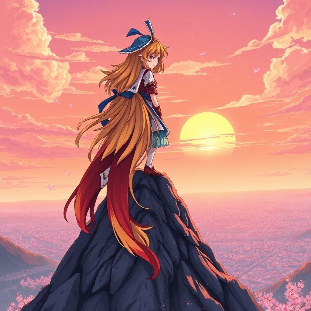 This anime illustration captures a young samurai standing on top of a mountain, her hair a vibrant yellow and orange, with a blue head and a red tail. The serene sunset sky provides a stunning backdrop, with pink cherry blossoms and a distant cityscape visible below.