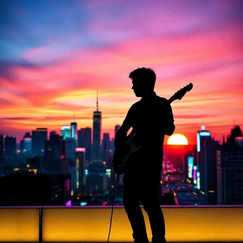 A man plays an electric guitar on a rooftop, with a city skyline in the background and a sunset.