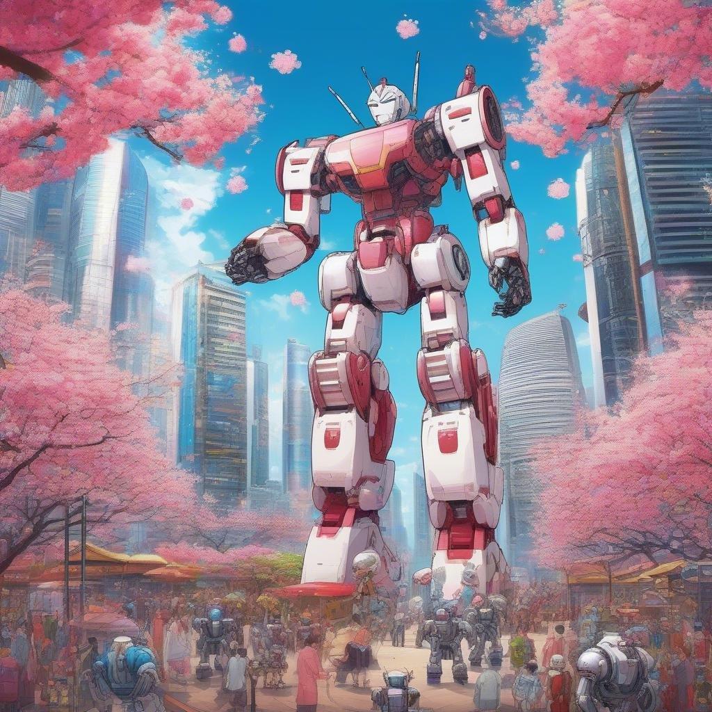 A bustling city scene awash with pink cherry blossoms and colorful robotic life. A massive red and white robot dominates the foreground, reaching out to the smaller androids.