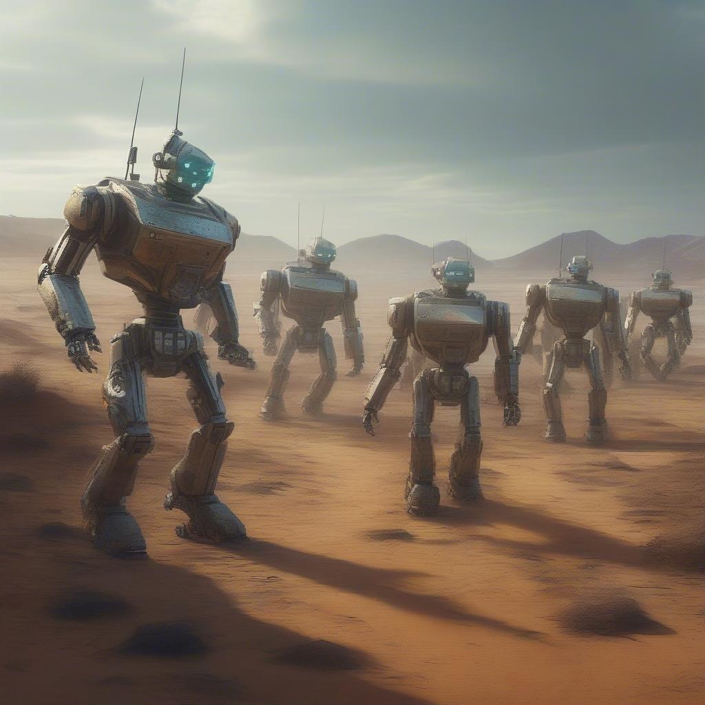 A group of robots ventures into an alien desert, with a focus on exploration and teamwork.