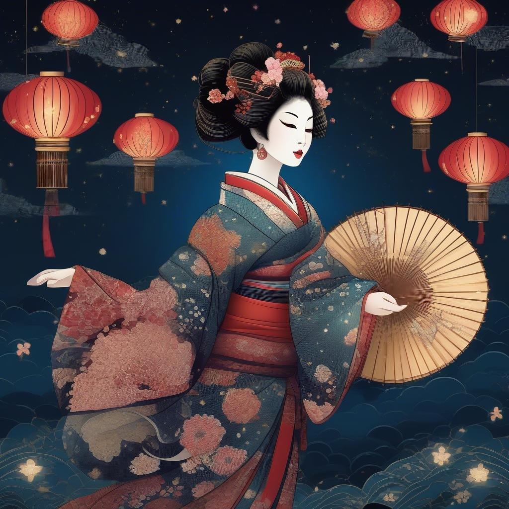 Perdez-vous dans le monde enchanteur de l'anime avec ce magnifique fond d'écran mettant en vedette une geisha dansant sous un ciel étoilé. Les délicats éventails et lanternes ajoutent une touche d'élégance à cette scène captivante.