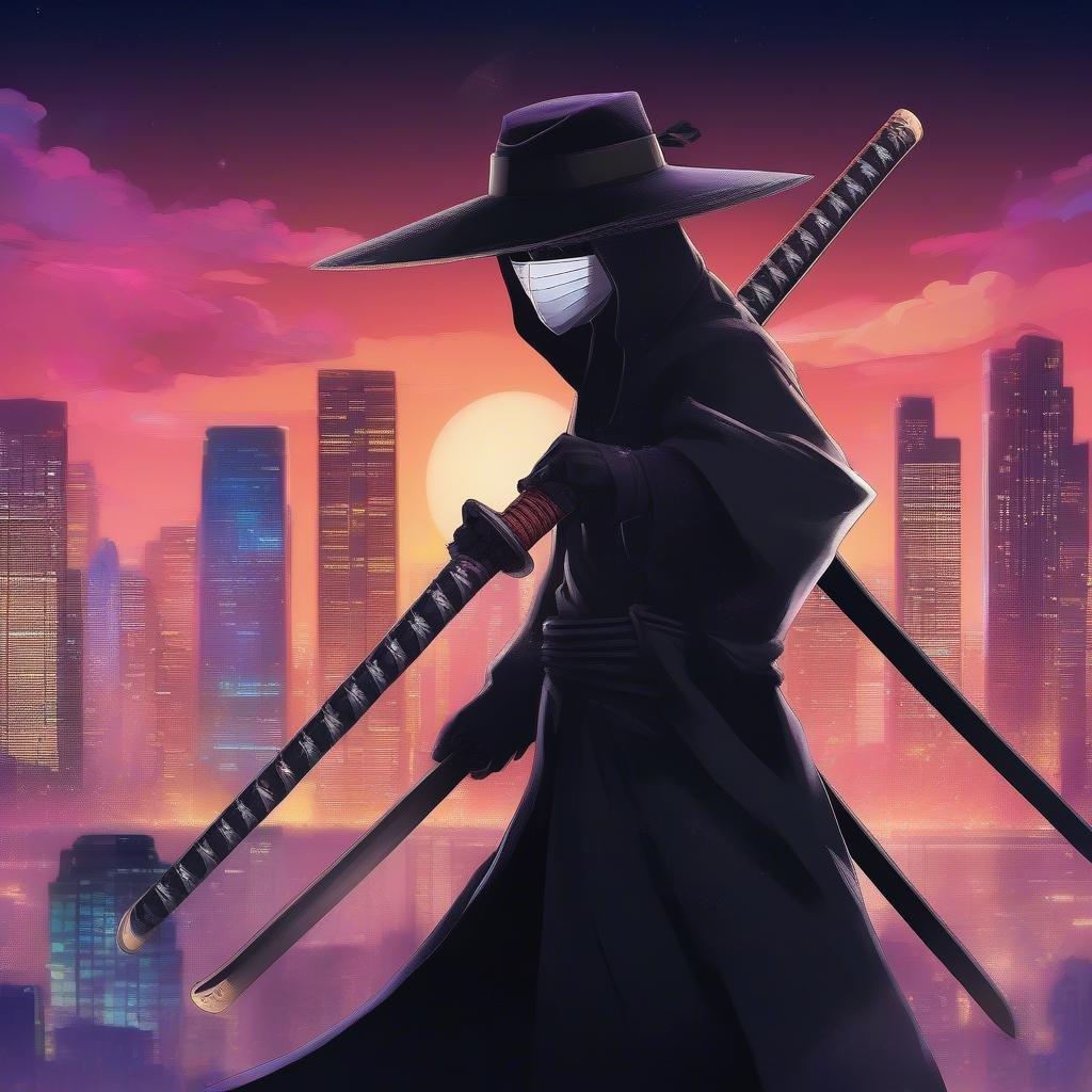 A mysterious masked ninja stands sentinel on the city's rooftops. The urban skyline is alive with the glow of neon lights against a deep orange sky.