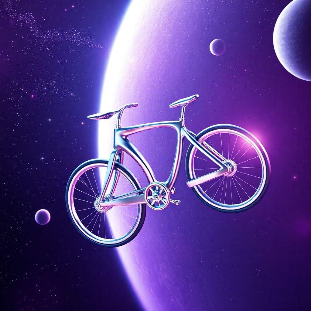 Embark on an intergalactic journey with this stunning wallpaper that features a sleek, metallic bicycle soaring through a cosmic dreamscape of nebulous stars and planets. Perfect for space enthusiasts and minimalists who appreciate the elegance of simplicity in design.