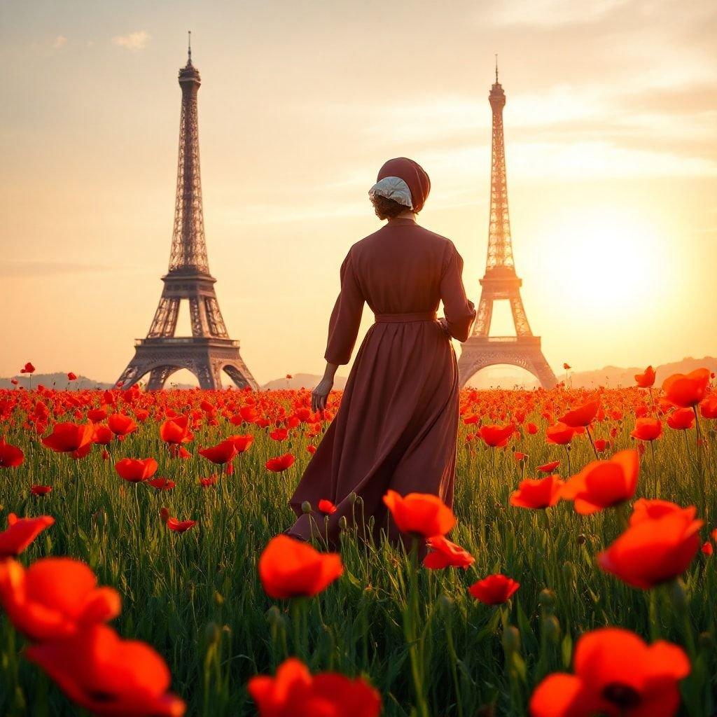 A serene view of a field of red poppies with the iconic Eiffel Tower and other Parisian landmarks visible in the distance, bathed in warm sunlight.