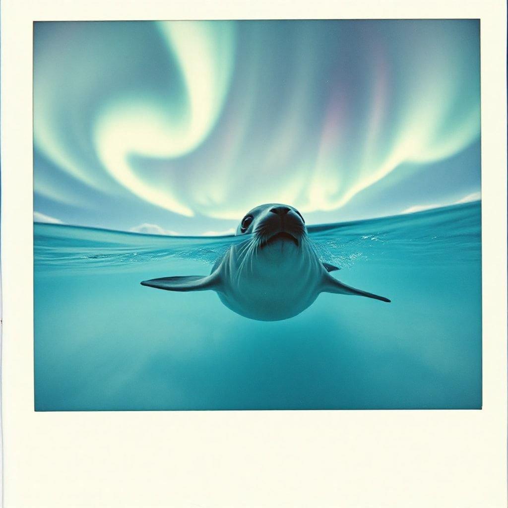 A serene image featuring a dolphin swimming in the foreground, with vibrant northern lights dancing in the background, showcasing the beauty of marine life and natural phenomenon.