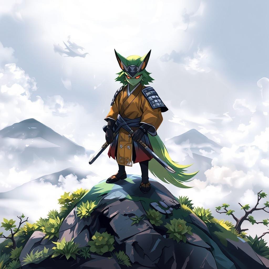 A serene anime-style illustration depicts a samurai standing on a mountain peak during sunrise. The misty background and the samurai's vibrant fur create a striking contrast, capturing a moment of tranquility before embarking on an adventure.