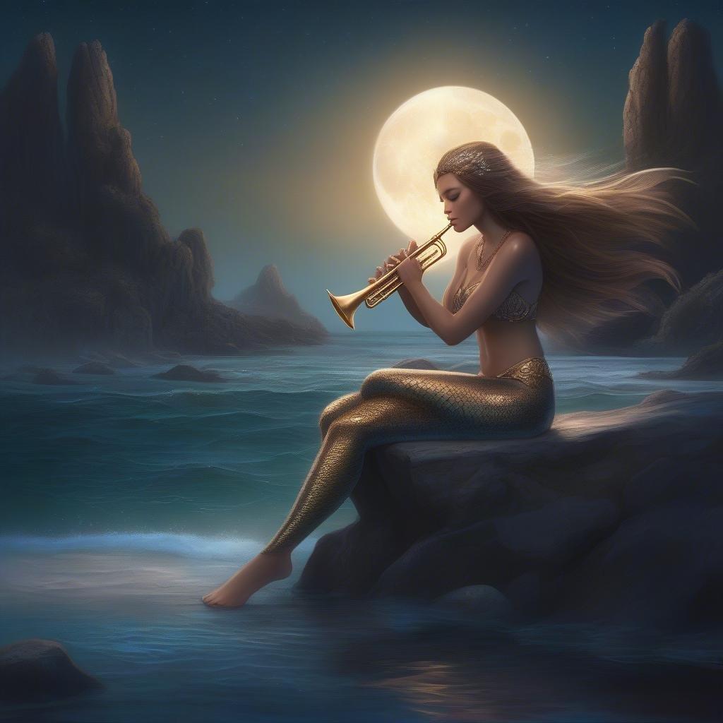 A mermaid plays a trumpet on a rock in the ocean, surrounded by the beauty of nature.