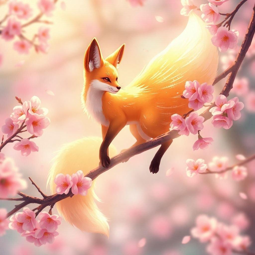 Immerse yourself in the serene beauty of this fox spirit, captured in a moment of tranquility amidst cherry blossoms. The soft pink hues of the blooms contrast beautifully with the vibrant orange fur of our mystical creature. This detailed anime illustration evokes a sense of enchantment and grace, perfect for your desktop or mobile wallpaper.