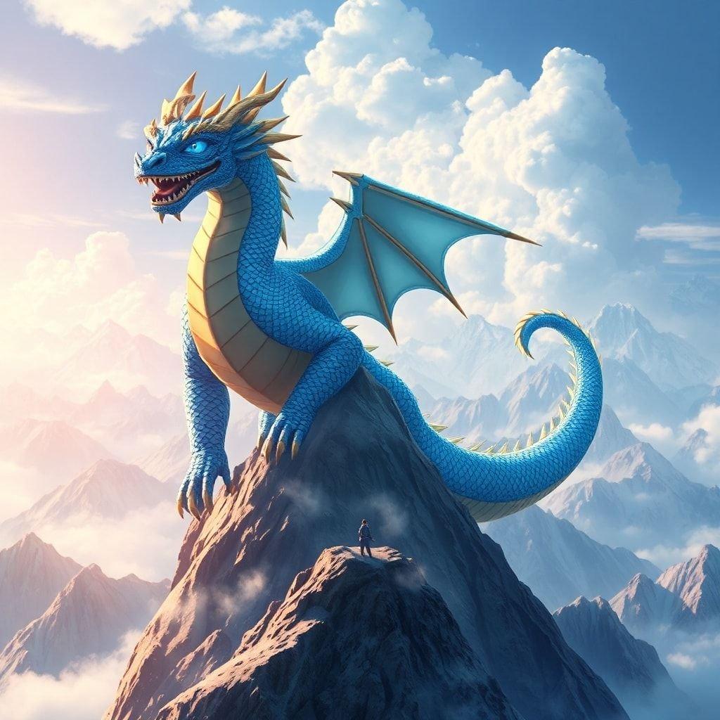 An anime style digital illustration features a dragon king standing tall atop a mountain peak. The majestic creature is adorned in blue and gold, with vibrant blue eyes that capture the viewer's gaze. In the foreground, misty mountains hint at a larger landscape, while a small figure adds scale to the scene. This image evokes a sense of tranquility and stillness, with an atmosphere reminiscent of storybook fantasy.