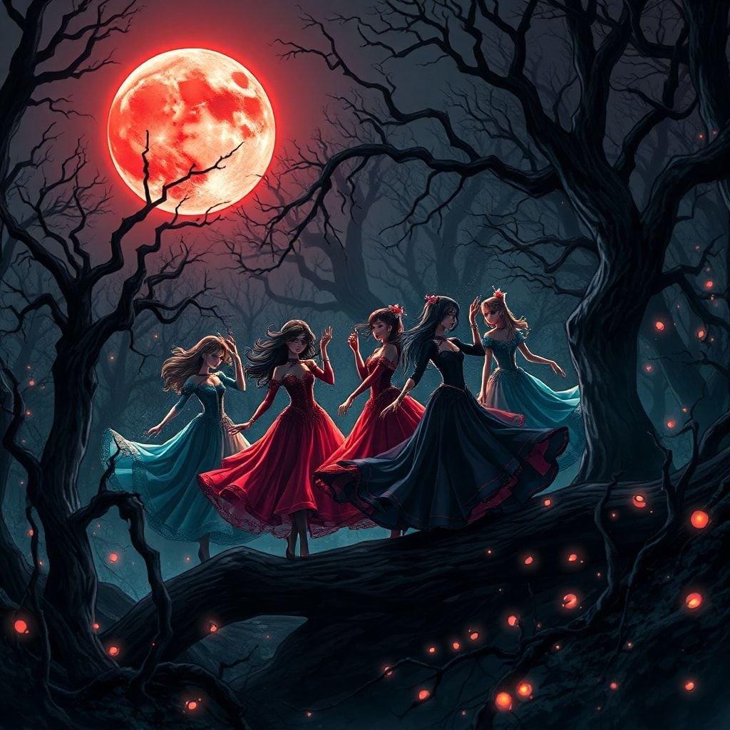 A captivating anime-style illustration of a group of vampires dancing under a red moon, their vibrant costumes contrasting the dark forest. The foreground is a dark, mysterious forest with twisted trees and a glowing light, creating an ethereal atmosphere.