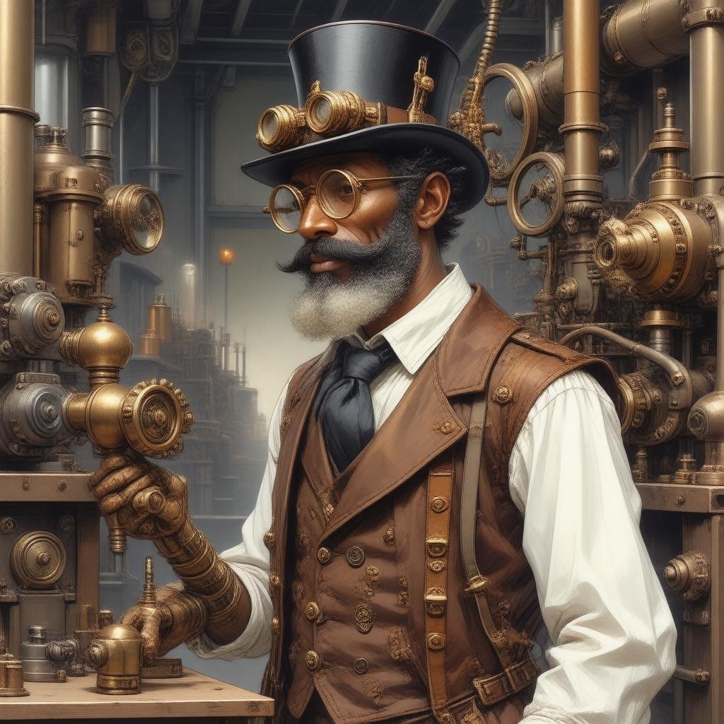 Eine detaillierte digitale Illustration eines Steampunk-Erfinders, geschmückt mit komplizierten Zahnrädern und mechanischen Teilen, der in einer schwach beleuchteten Werkstatt steht.