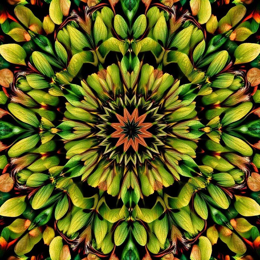 An intriguing blend of botanical and optical illusions, this abstract design captures the essence of nature with a twist. The concentric circles are composed from images of leaf patterns, creating a kaleidoscopic effect that draws your eyes to the center. A play on perspective, this image is both meditative and mesmerizing.