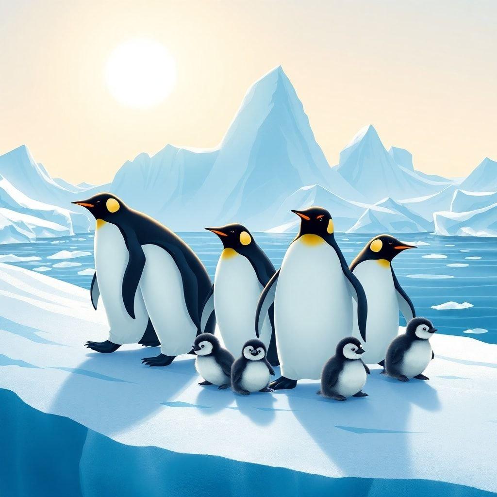 A heartwarming scene of a penguin family enjoying their time together in the Antarctic ice.