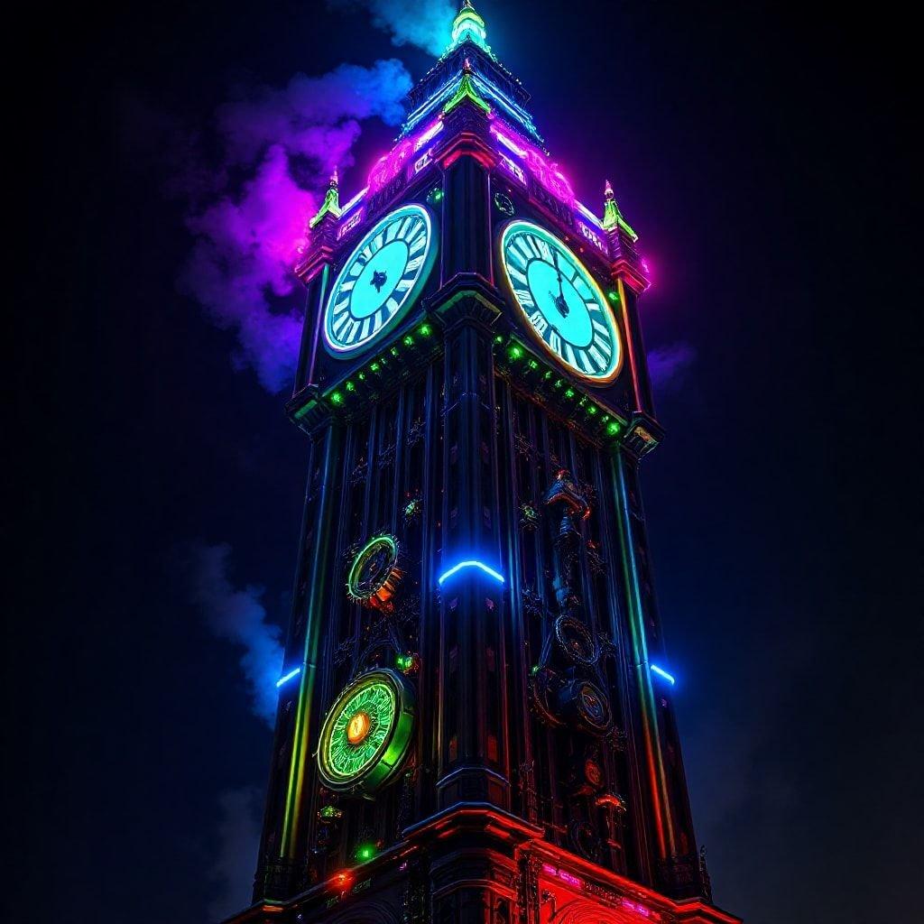 This stunning wallpaper captures the iconic Big Ben clock tower in London, UK, with a twist. The neon lights shining from its clock faces and corners give it a futuristic cyberpunk vibe. This digital illumination transforms the classic structure into a modern spectacle that would look great on any desktop or mobile device.