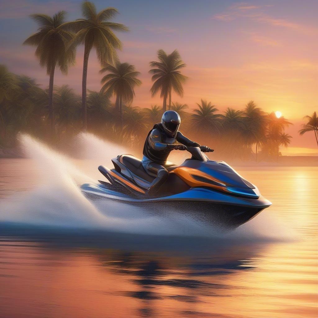 This stunning wallpaper captures the thrill of riding a jet ski in a tropical paradise, surrounded by palm trees and a breathtaking sunset. The image showcases the sleek design of the jet ski as it glides across the water, creating a sense of speed and freedom. The vibrant colors of the sunset add to the overall sense of adventure and excitement, making this wallpaper perfect for anyone who loves the thrill of the open water.