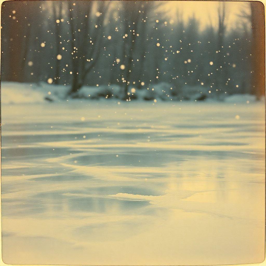 A serene view of a frozen river, covered in a light layer of snow. The quiet solitude of the scene is only broken by the gentle snowfall that adds to the tranquil ambiance.