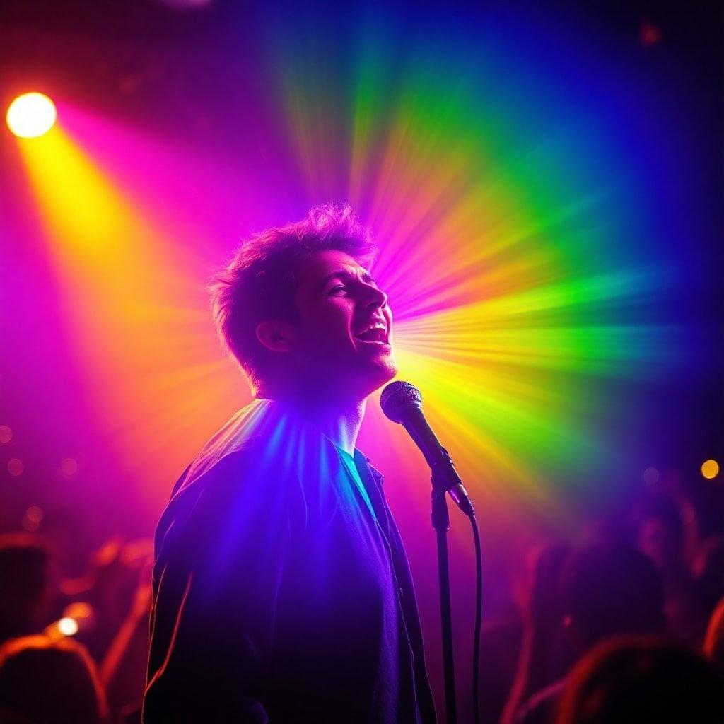 A musician passionately singing on stage with colorful lights creating an atmospheric effect behind him.