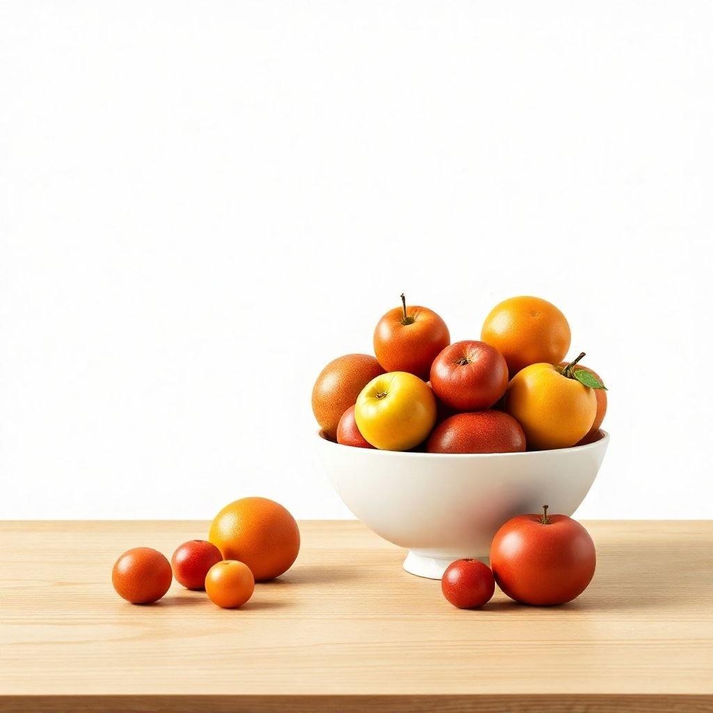 This image embodies the essence of minimalism, featuring a harmonious arrangement of fruits in a bowl, set against a clean and simple background. The vibrant colors and natural textures of the fruits create a visually appealing composition that invites the viewer to appreciate the beauty of simplicity.