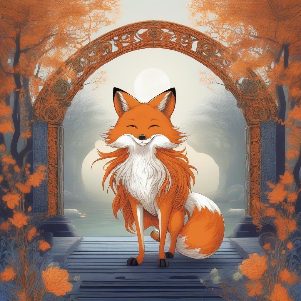 This detailed digital artwork features an adorable fox spirit dancing under a full moon, set against the backdrop of an intricately designed bridge. The vibrant orange fur and the mystical atmosphere create a captivating visual effect that is sure to delight fans of anime-style illustrations.