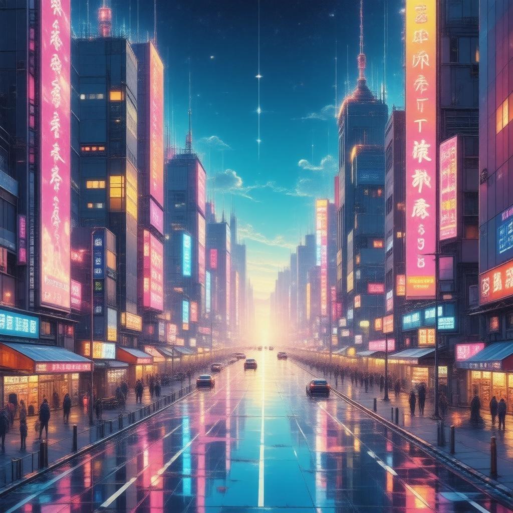 Dyk ner i den livfulla världen av anime med denna fantastiska stadsscape bakgrund, som har en futuristisk skyline och holografiska annonser.