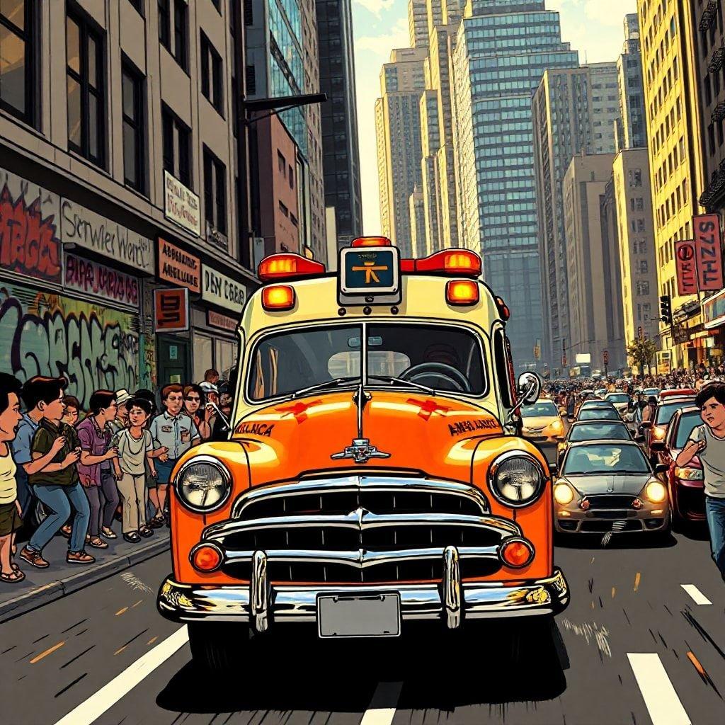 This retro ambulance, likely from the mid-20th century, adds a nostalgic touch to this urban scene. The vibrant yellow and orange hues stand out against the backdrop of skyscrapers and city life.