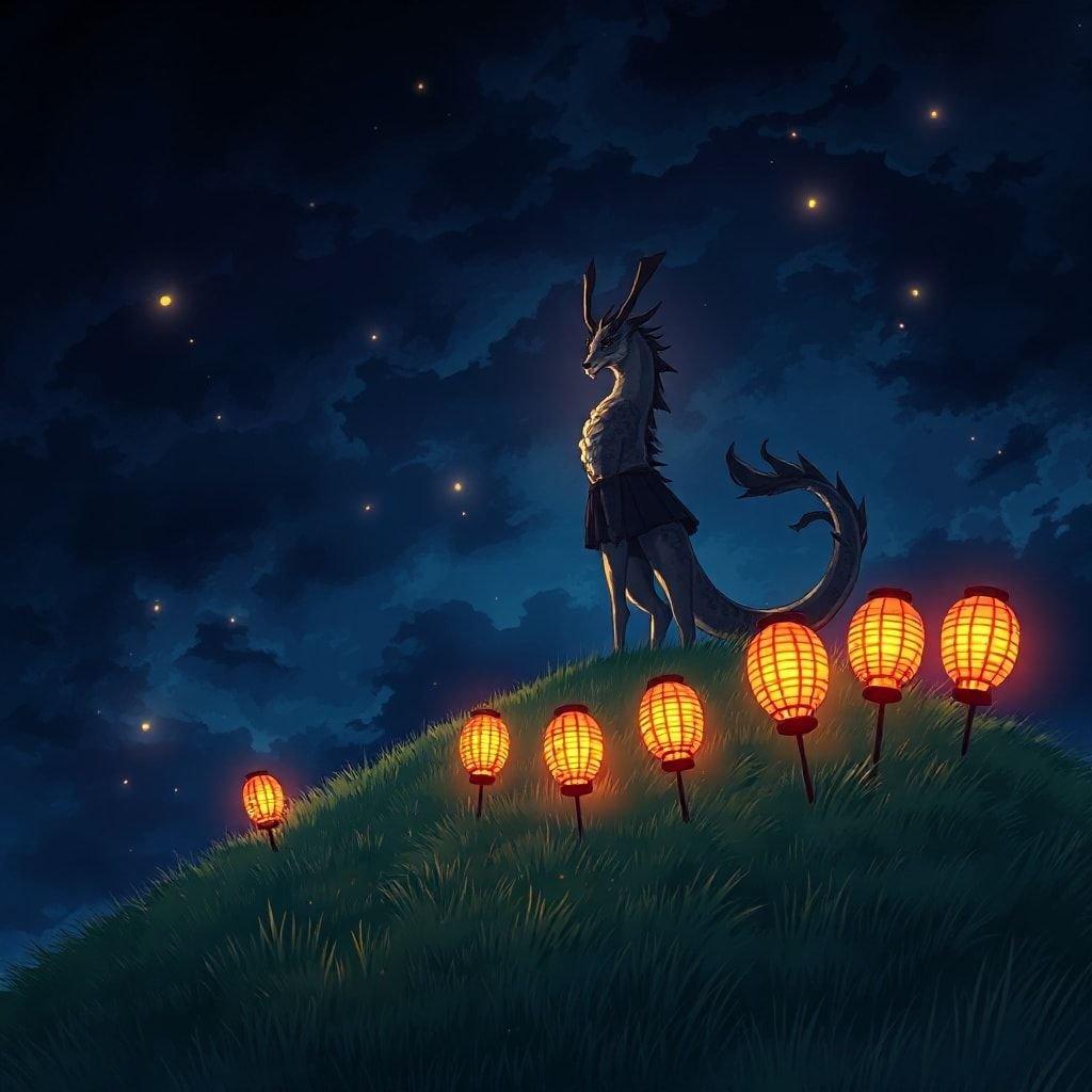 This anime illustration showcases a serene and mystical scene of a samurai lantern stand on top of a hill, emitting a warm and inviting light. The lanterns, with their intricate designs and kanji-style creature, create a sense of wonder and enchantment.