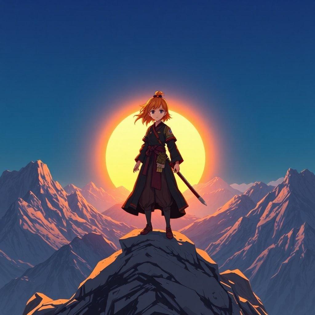 This stunning anime wallpaper features a young samurai warrior standing on a mountain peak, with a breathtaking sunset in the background. The vibrant orange and yellow hair of the warrior contrasts beautifully with the dark brown outfit, while the deep blue sky and large sun setting behind them cast an ethereal glow on the mountains below.