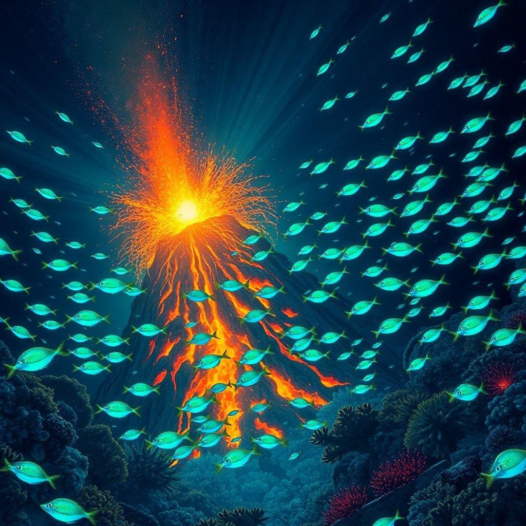 A vibrant undersea scene capturing the raw power of nature. Schools of colorful fish are swimming amidst a fiery eruption from an active volcano.