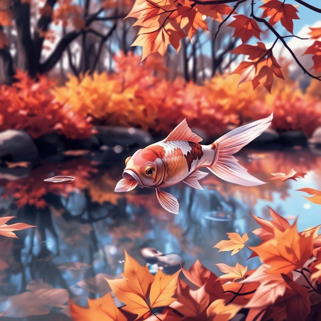 A tranquil scene where a colorful koi fish is swimming in a vibrant autumn pond, surrounded by the warm hues of fall leaves.