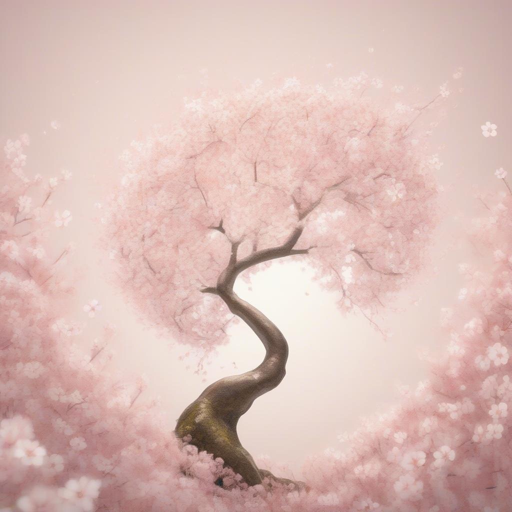 A serene cherry blossom tree stands majestically in a field carpeted with pink petals, evoking a sense of tranquility and beauty.