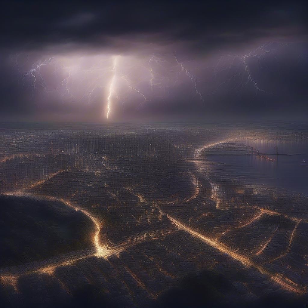 A breathtaking view of a bustling cityscape as a storm unleashes its fury. The bright lights of the metropolis contrast with the darkening clouds, creating a dramatic tableau that captures both the power and beauty of nature.